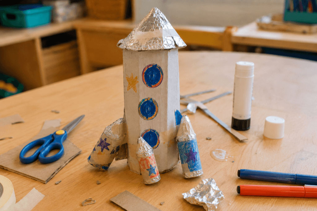 A junk-model rocket made from a cardboard tube, foil and masking tape, on a classroom table