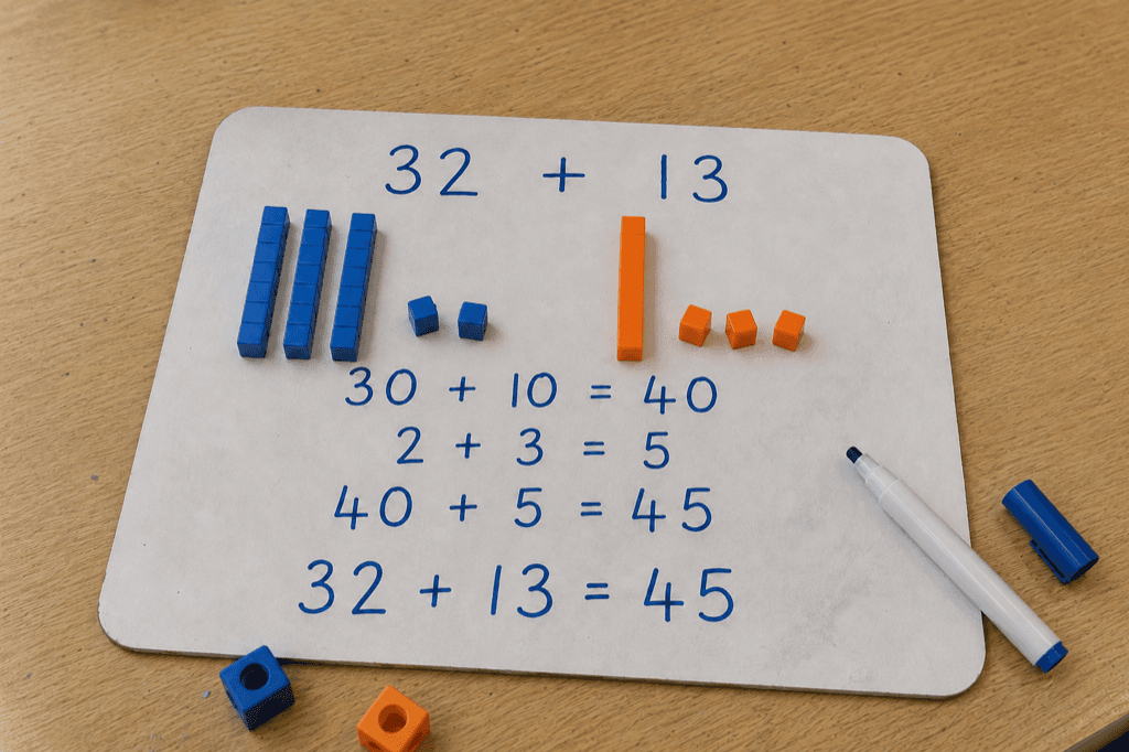 A child's whiteboard showing 32 + 13 partitioned into tens and ones with base ten rods and cubes, worked down to 32 + 13 = 45